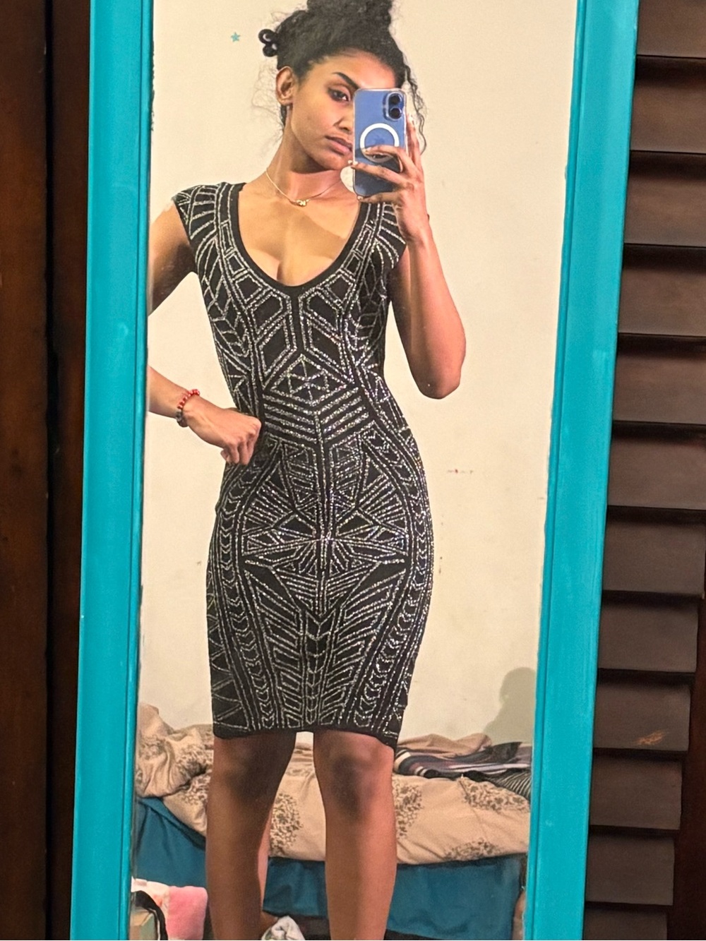 RVN Black Midi Dress with Silver Geometric Beading